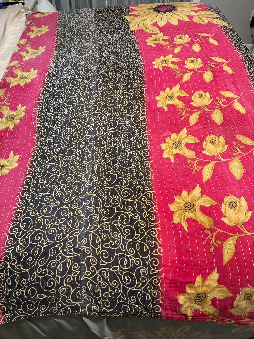 Beautiful Kantha Quilted Throw Blanket with beautiful color designs!